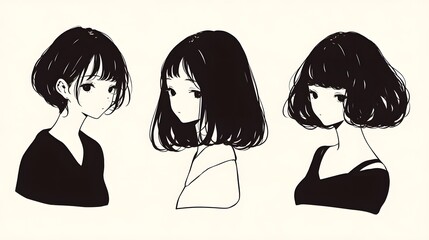 Cute cartoon-style girls in a simple black-and-white illustration, set against a minimalist white background