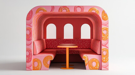 Obraz premium Colorful booth with donut pattern and orange table