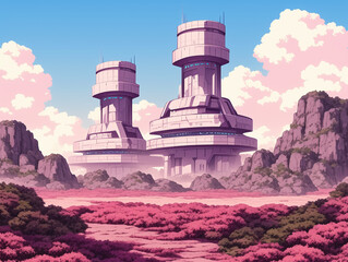 Futuristic Pink Landscape with Majestic Towers