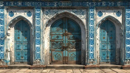 Obraz premium Ornate blue doors framed by intricate tile work in a historic architectural setting.