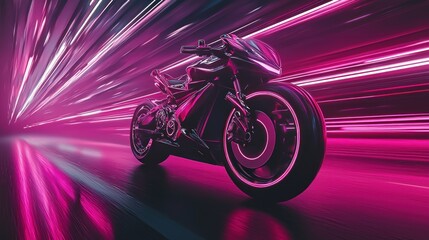 Futuristic motorcycle speeding through neon tunnel.