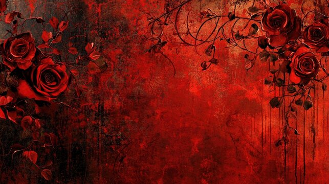 Red roses grunge background, gothic design, dark texture, romantic wallpaper