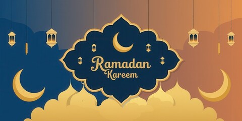 Ramadan Kareem greeting card with crescent moons and lanterns