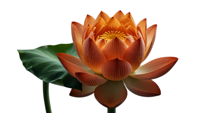A single orange lotus flower is shown with two green leaves in front of a white background.