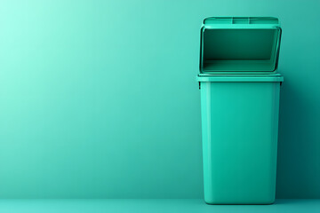 Open Teal Recycling Bin against Green Wall