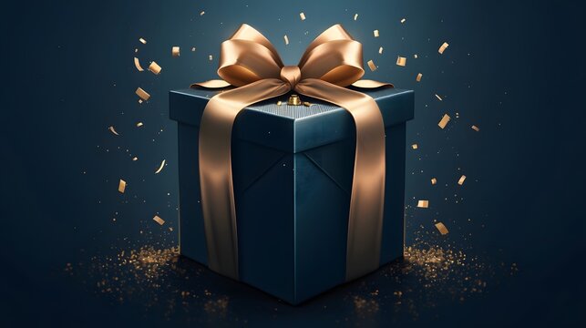 Dark blue gift box with an elegant gold satin ribbon, set against a dark background, ideal for holiday or birthday gifts.