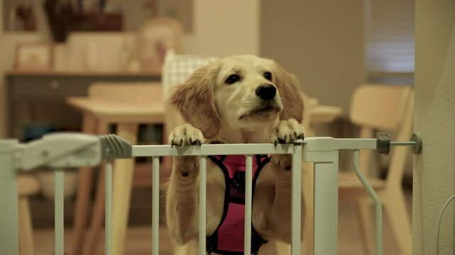 Golden Retriever puppy jumping up on baby gate in home