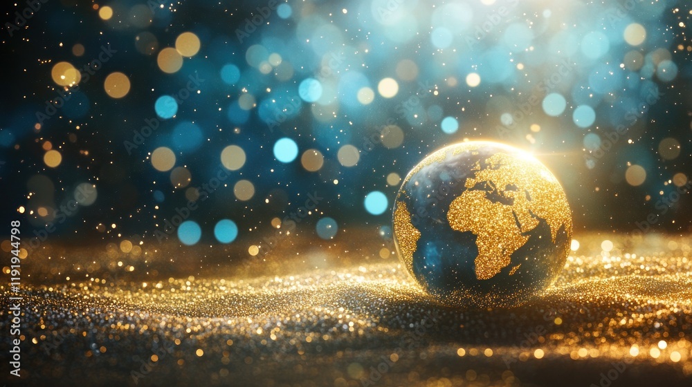 Wall mural glittering globe on gold surface with bokeh.