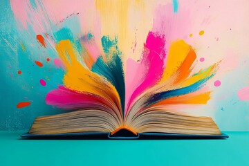 An open book radiating colorful abstractions, perfect for creative projects, educational themes, or events focused on imagination and inspiration.