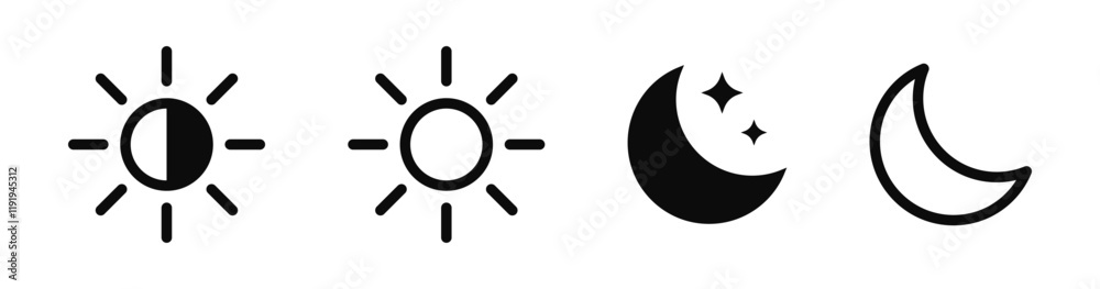 Poster Sun and moon icon vector day and night icon set. dark and light mode icons , Screen brightness and contrast level signs and symbols for app user interface and web elements