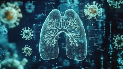 A human HMPV with a background of a virus and a lung blueprint represents a respiratory disease that causes symptoms similar to the flu.