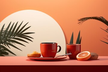 Good morning scene with breakfast coffee juice drink and amazing view