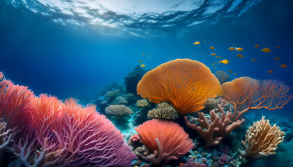 Vibrant underwater scene captures colorful fish swimming among bright coral reefs and a playful yellow ring. This image evokes joy and tranquilit