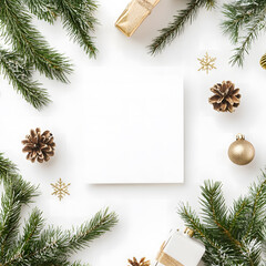 Christmas Flat Lay with Gold Ornaments, Pinecones, Fir Branches, and White Copy Space