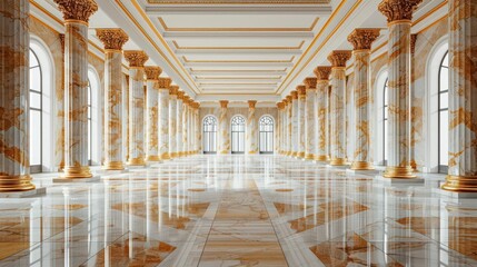Obraz premium A grand hall featuring marble columns and ornate details, designed for elegance and grandeur.