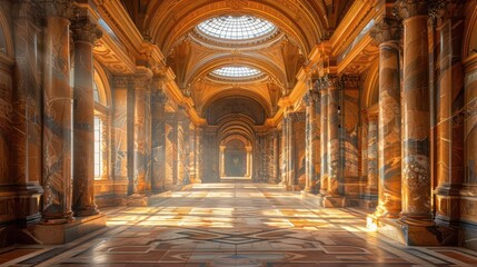 Obraz premium A grand, illuminated corridor with ornate columns and intricate designs on the walls.
