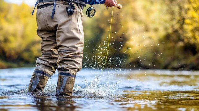 Fly fisherman wading in autumn river, casting line.