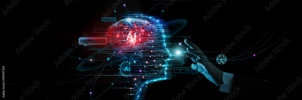 Poster AI, Machine learning, Hands of human touching ai technology on big data network connection background, Science and artificial intelligence technology, innovation and futuristic.