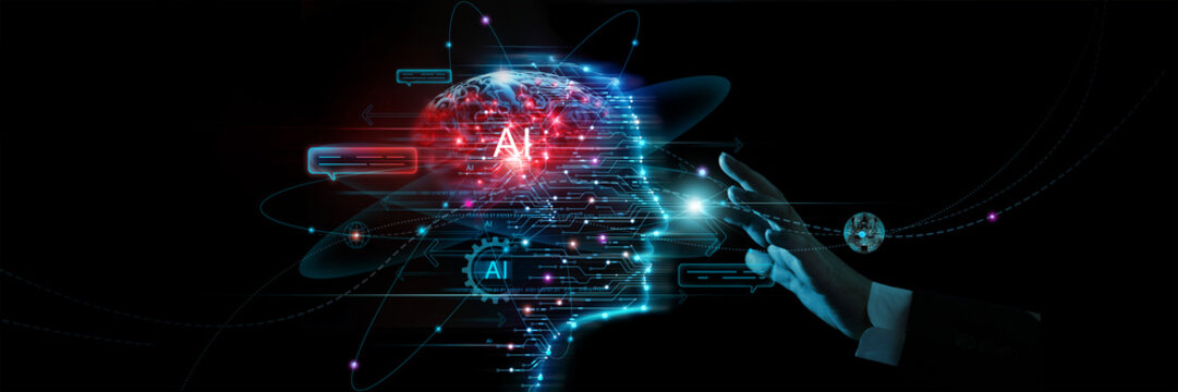 AI, Machine learning, Hands of human touching ai technology on big data network connection background, Science and artificial intelligence technology, innovation and futuristic.