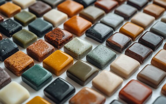Colorful stone tile samples arranged on white background for design selection