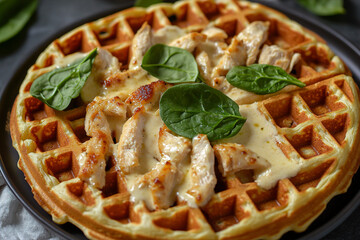 A top view of a golden flour pizza waffle with Alfredo sauce and chicken. (Generative AI)