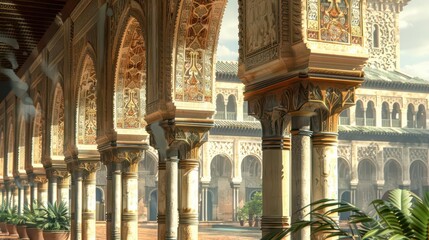 Fototapeta premium A serene courtyard featuring ornate arches, intricate designs, and lush greenery.