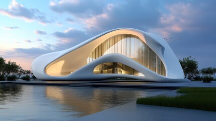 Futuristic Architectural Marvel: A Serene Lakeside Design