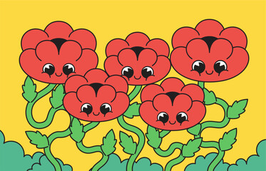 Cartoon character red flowers gathered with happy smiling face in vibrant background in hand drawn vector illustration for cheerful illustrations and gardening themes