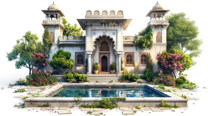 Fototapeta premium A beautiful architectural structure with gardens and a pool, blending nature and design.