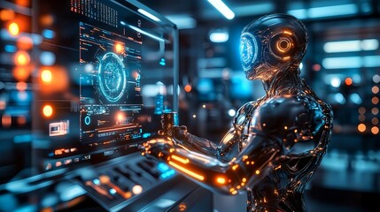 futuristic robot ai working on computer - ai and robotics