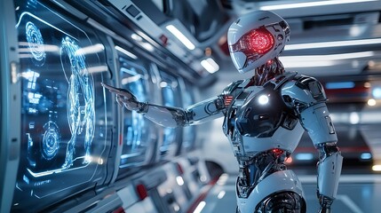 Fototapeta premium futuristic robot analyzing data on screen - artificial intelligence
