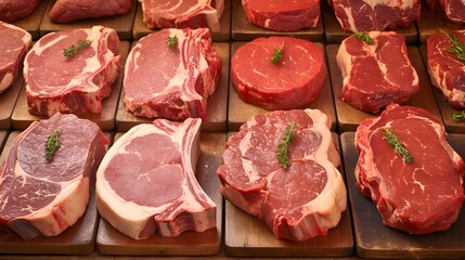 Different cuts of prime meat displayed in a supermarket meat counter, emphasizing the variety of premium meats available for sale