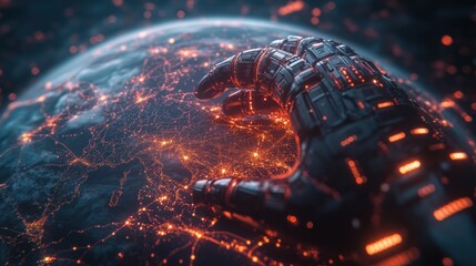 Robotic hand hovering over illuminated Earth's surface, showcasing global network connections.