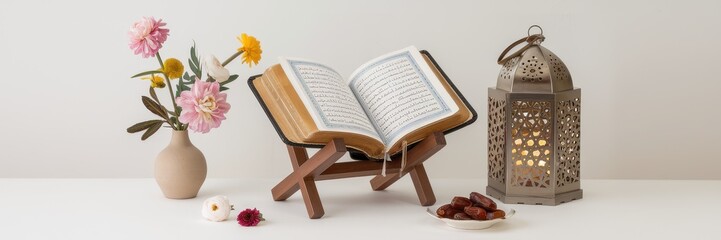 Quran Flowers Dates Lantern Peaceful Ramadan Setting