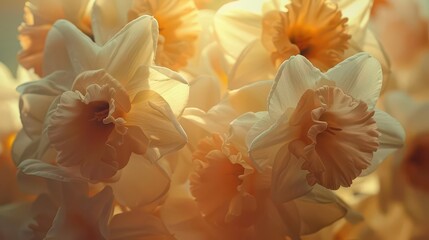 Obraz premium A close-up view of delicate, soft-colored daffodils illuminated by warm light.