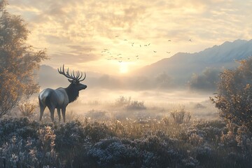 Naklejka premium Majestic Elk at Sunrise in Misty Mountain Meadow