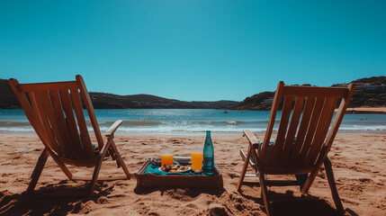 A tranquil beach scene with people enjoying a picnic, waves gently crashing, and a clear sunny sky.