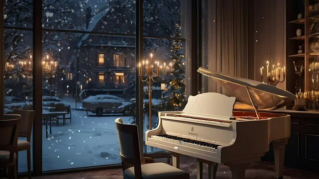 A grand piano is inside a fancy luxury restaurant during a snowy night. Seamless 4K looping timelapse video animation background