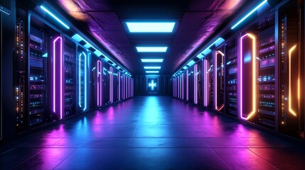 Fototapeta premium neon server room, futuristic tech corridor - cyberpunk aesthetics