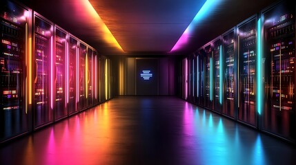 Fototapeta premium neon server room, data center, technology - neon lighting