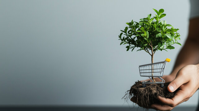 A tree with roots shaped like a shopping cart, symbolizing sustainability and consumer rights.
