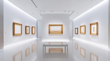 Art gallery featuring minimalist design, white walls, and focused lights.