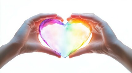Obraz premium Rainbow heart held gently in two hands against a bright background.