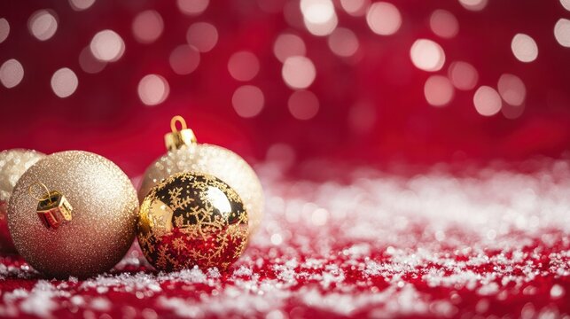 Christmas season banner with a red background, scattered white snowflakes, and shimmering gold baubles.