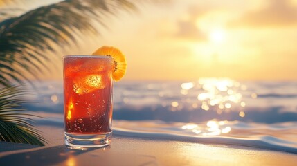 Iced beverage on beach at sunset.
