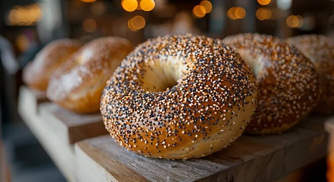 A close-up of a freshly baked bagel topped with sesame and poppy seeds on a wooden display.
