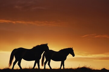 Two Horses Silhouetted Against A Dramatic Orange Sunset Landscape