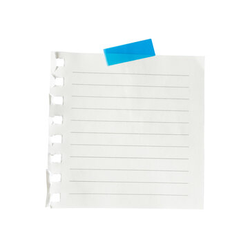 Blank note paper with blue duct tape isolated on white background