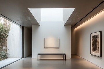 Fototapeta premium Welcoming space with simple bench and wall art under a naturally lit ceiling.