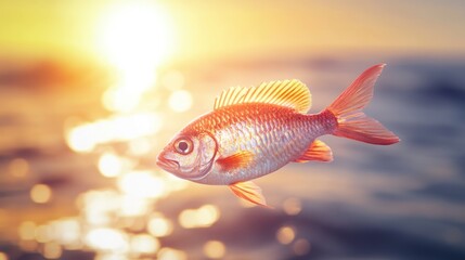 Sunset ocean scene with a single red fish.